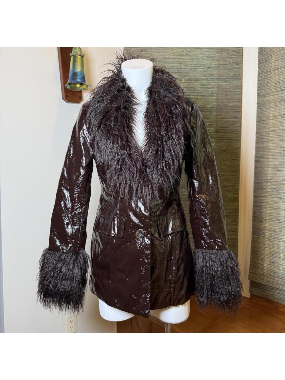 Collision brown patent leather faux fur penny lane coat.